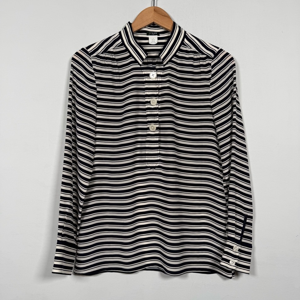 J. Crew Navy and White Striped Blouse, 100% Silk, Size  4, Great Condition